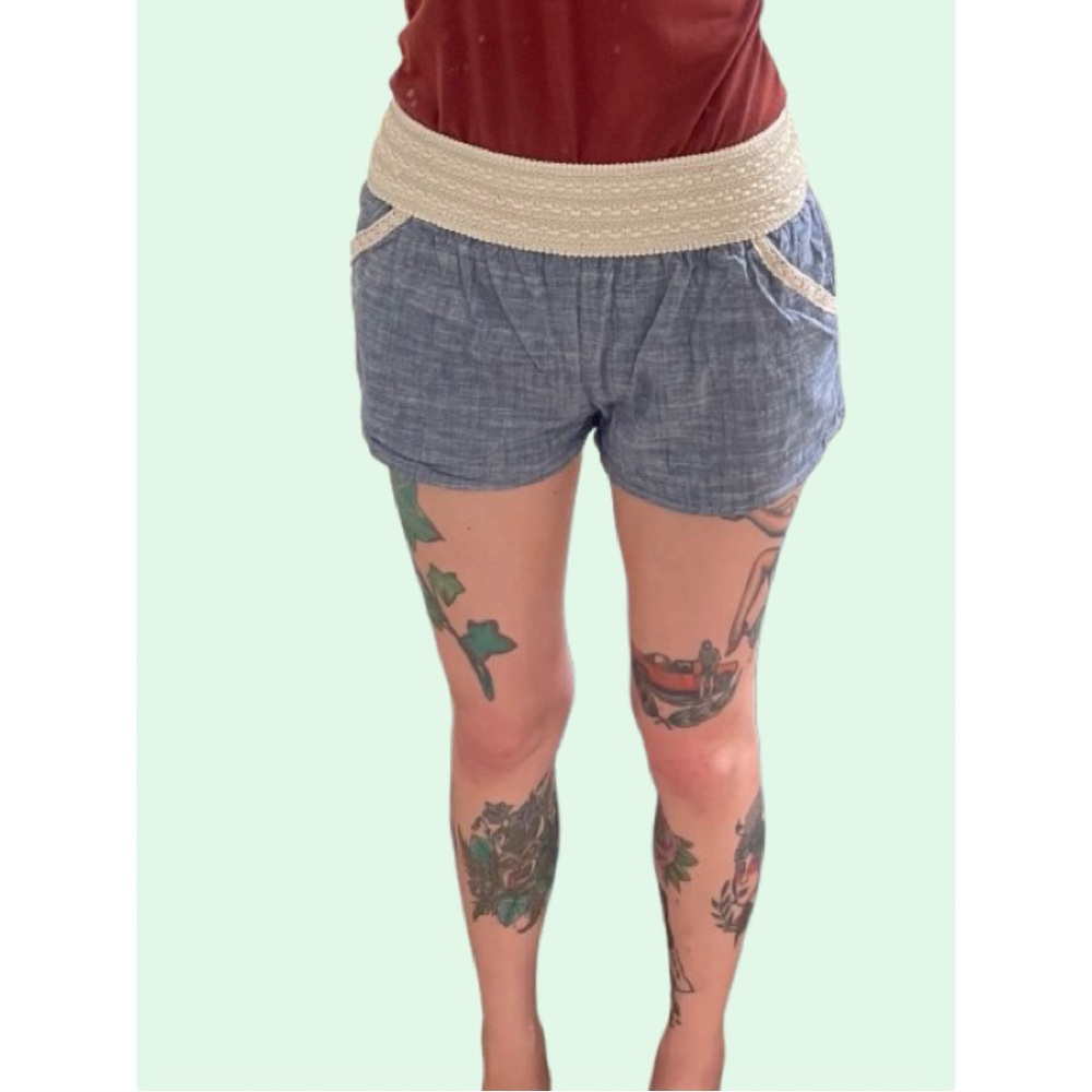 Chambray Linen Denim Lace Crotchet Trim Shorts
